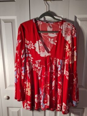Free People Red With Blue And White Floral Blouse Size Small